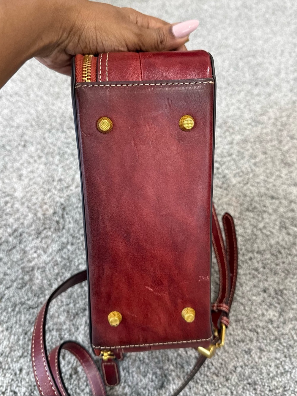 Red Genuine Leather Retro Top Handle Structured Crossbody Stachel Bag Zip Close - Picture 8 of 16